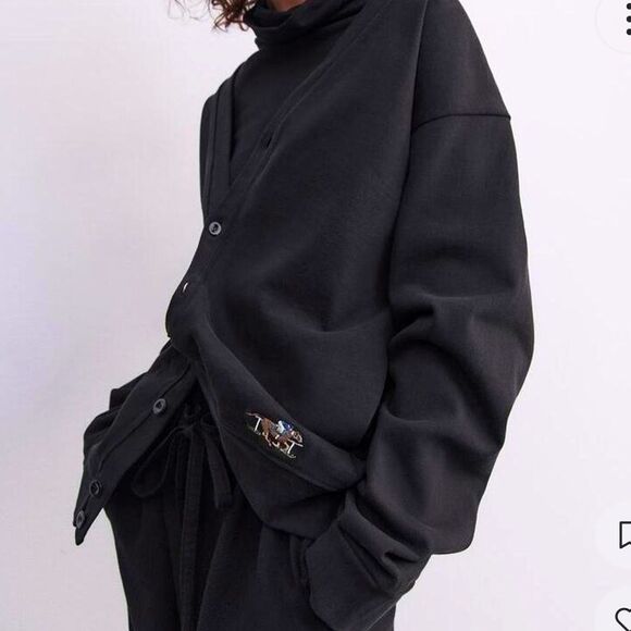 Zara Limited Edition black heavy cotton cardigan w embroidered detail M NWOT - Picture 1 of 11